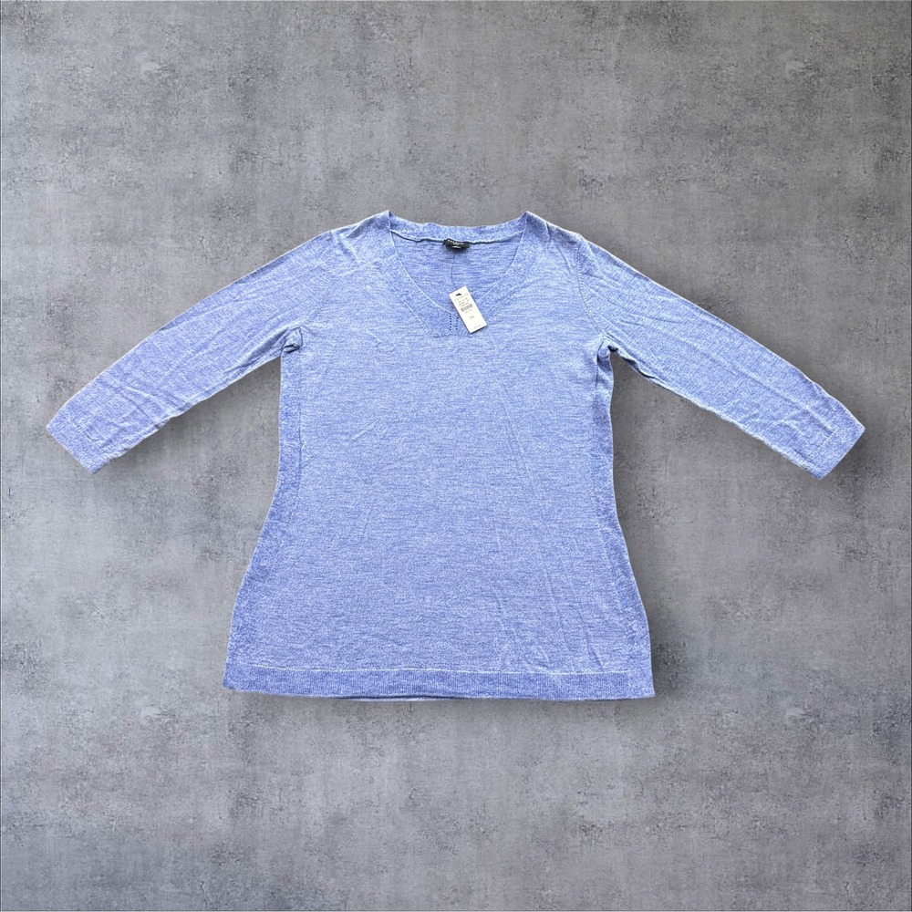 Talbots V-Neck Sweater Women PS Biscayne Blue 100% Cotton 3/4 Sleeve Heathered